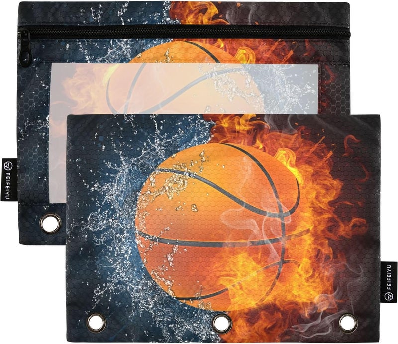 BOENLE Basketball Ball Pencil Pouch for 3 Ring Binder, 2 Pack Waterproof Pencil Bags Clear Window Pencil Case Zipper School School Office Supplies - Image 1